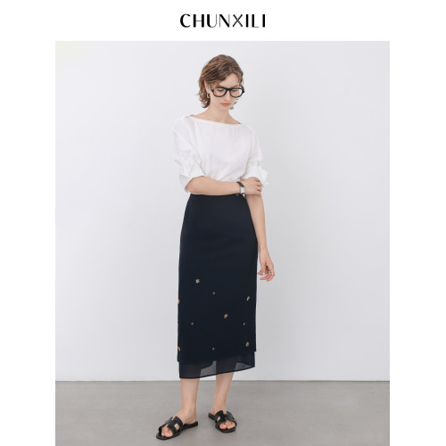 chunxili/春熙裡 夏季直筒長裙釘珠薄優雅修身開叉藏青醋酸半身裙