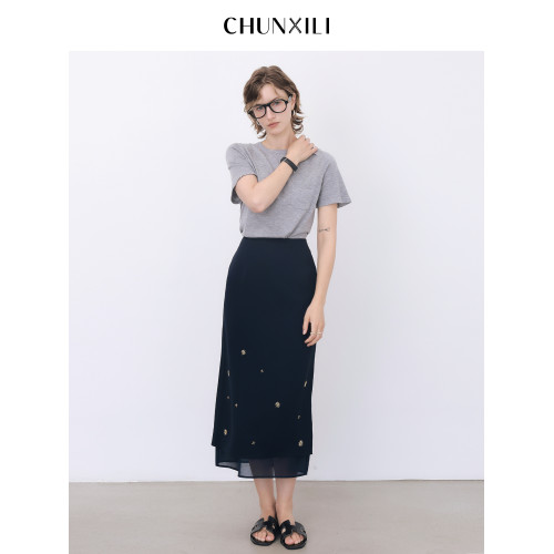 chunxili/春熙裡 夏季直筒長裙釘珠薄優雅修身開叉藏青醋酸半身裙