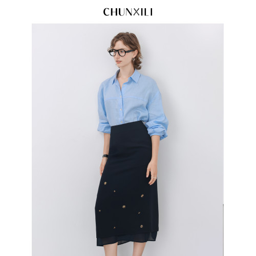 chunxili/春熙裡 夏季直筒長裙釘珠薄優雅修身開叉藏青醋酸半身裙