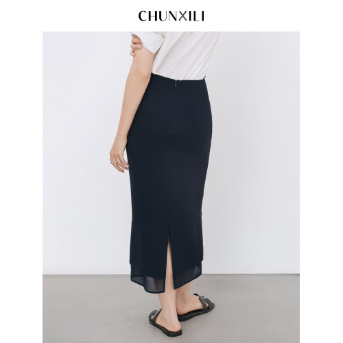 chunxili/春熙裡 夏季直筒長裙釘珠薄優雅修身開叉藏青醋酸半身裙