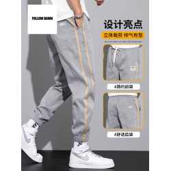 工裝褲子男春秋季新款潮百搭條紋寬鬆束腳哈倫運動休閒長