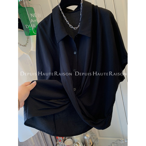 DHR 獨特超好看法式交叉蝙蝠袖短袖襯衫寬松上衣女小衫2025夏新款