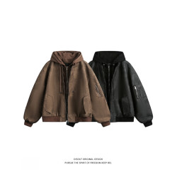 WASSUP Nuraya美式復古假兩件PU皮飛行夾克男寬松連帽機車服外套