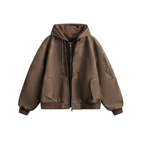 WASSUP Nuraya美式復古假兩件PU皮飛行夾克男寬松連帽機車服外套