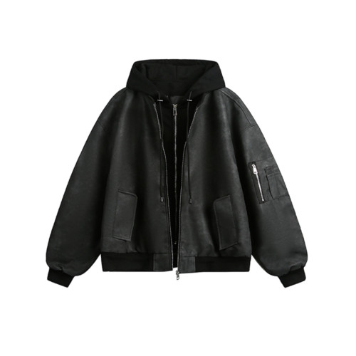 WASSUP Nuraya美式復古假兩件PU皮飛行夾克男寬松連帽機車服外套