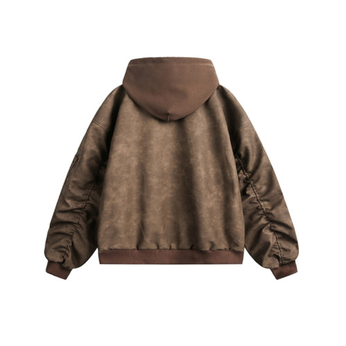 WASSUP Nuraya美式復古假兩件PU皮飛行夾克男寬松連帽機車服外套