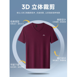 【含桑蠶絲】啄木鳥男士V領短袖夏裝冰絲透氣半袖t恤爸爸裝上衣C