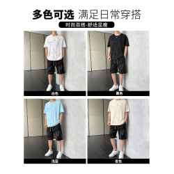 啄木鳥冰絲休閒套裝男士夏季薄款寬松運動速乾短袖t恤短褲兩件套K
