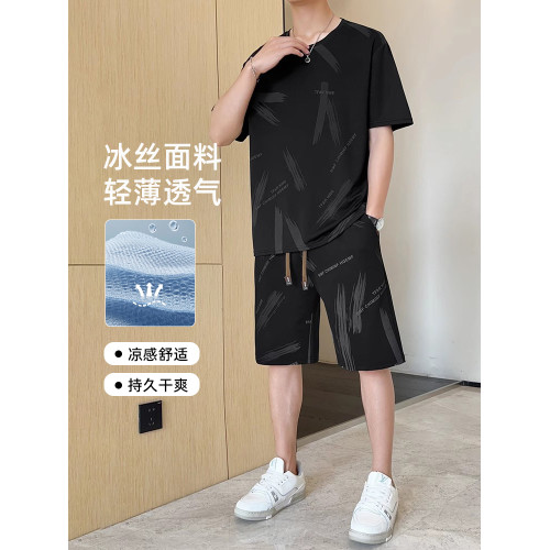 啄木鳥冰絲休閒套裝男士夏季薄款寬松運動速乾短袖t恤短褲兩件套K