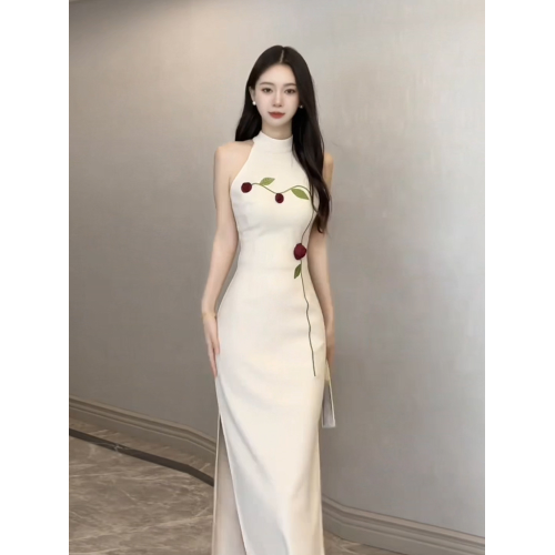 高個子172加長版夏季旗袍女新中式連衣裙立體玫瑰掛脖包臀長裙子