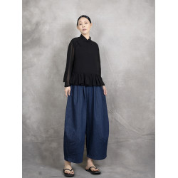 原創夏季女士寬鬆復古文藝輕薄雙層雪紡純色立領盤釦斜襟飛邊襯衫