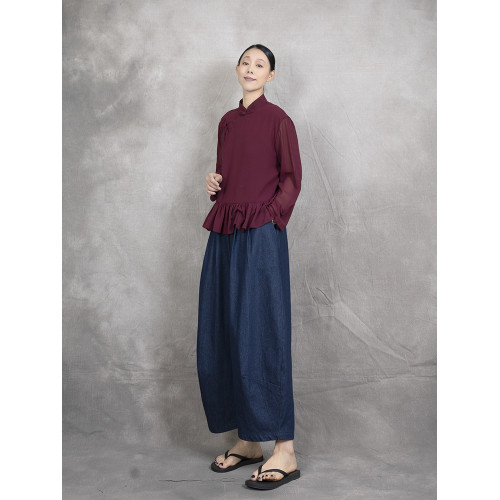 原創夏季女士寬鬆復古文藝輕薄雙層雪紡純色立領盤釦斜襟飛邊襯衫