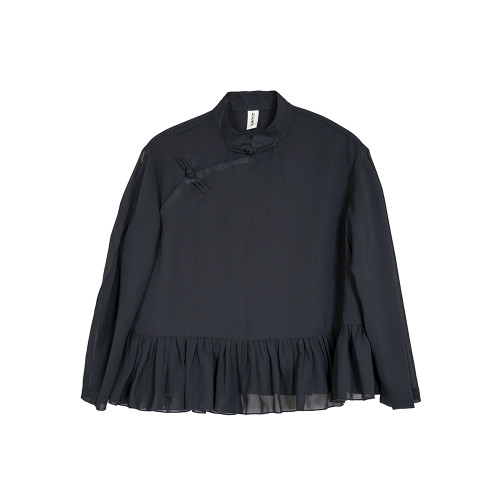 原創夏季女士寬鬆復古文藝輕薄雙層雪紡純色立領盤釦斜襟飛邊襯衫