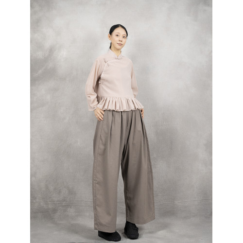 原創夏季女士寬鬆復古文藝輕薄雙層雪紡純色立領盤釦斜襟飛邊襯衫