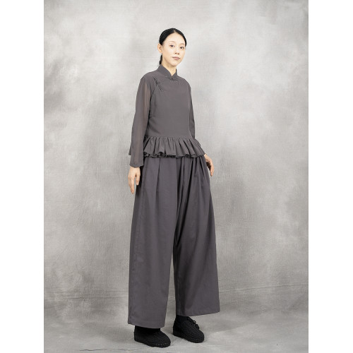 原創夏季女士寬鬆復古文藝輕薄雙層雪紡純色立領盤釦斜襟飛邊襯衫