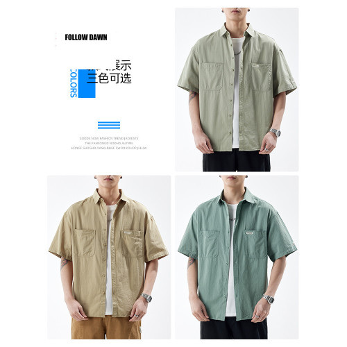 工裝短袖襯衫男生休閒潮牌夏季薄款純棉襯衣青年百搭上衣