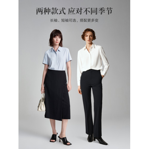 萊倫斯布白色暗門襟緞面短袖襯衫女夏修身顯瘦OL職業面試襯衣套裙