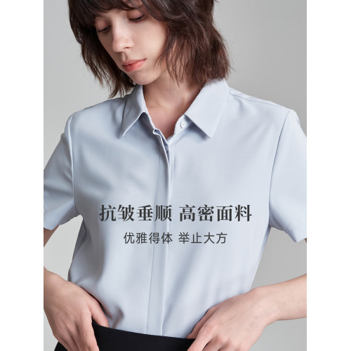 萊倫斯布白色暗門襟緞面短袖襯衫女夏修身顯瘦OL職業面試襯衣套裙