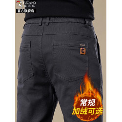 啄木鳥秋冬季新款加絨褲子男士休閒褲寬鬆直筒中年爸爸西裝長褲K
