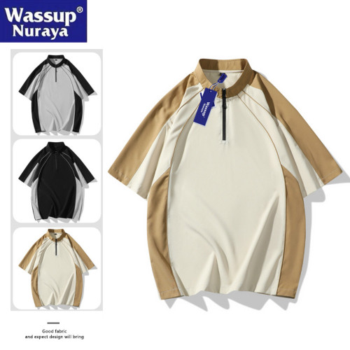 WASSUP Nuraya潮牌半拉鍊短袖t恤男士夏季2025新款撞色半袖體恤