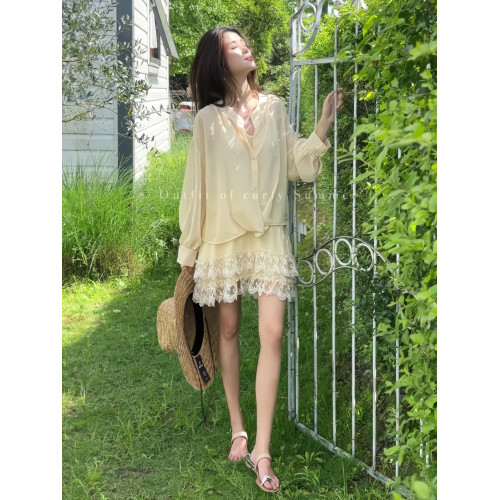 溫柔風套裝氣質寬松長袖襯衫外套女夏季蕾絲拼接高腰半身裙兩件套