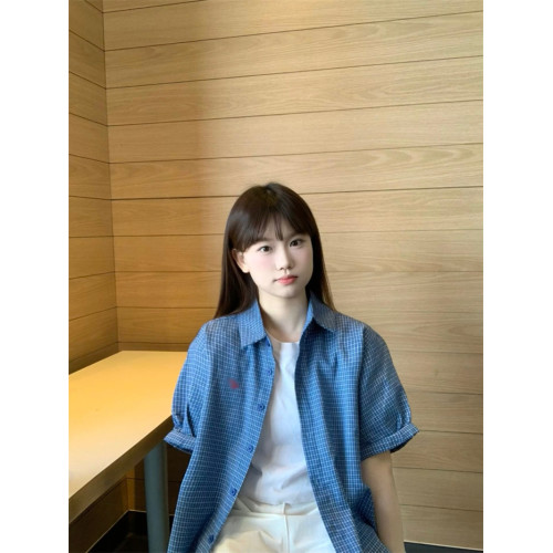 韓系復古藍色格紋刺綉輕薄短袖襯衫女夏季新款寬松百搭設計感襯衣
