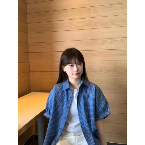 韓系復古藍色格紋刺綉輕薄短袖襯衫女夏季新款寬松百搭設計感襯衣