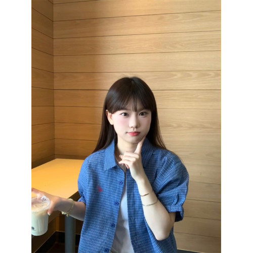 韓系復古藍色格紋刺綉輕薄短袖襯衫女夏季新款寬松百搭設計感襯衣