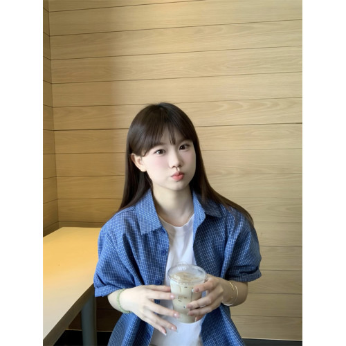 韓系復古藍色格紋刺綉輕薄短袖襯衫女夏季新款寬松百搭設計感襯衣