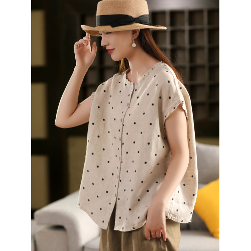 園園美衣復古色織波點100%亞麻襯衫女氣質木耳領襯衣夏季短袖上衣