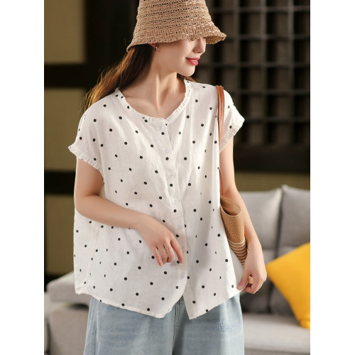 園園美衣復古色織波點100%亞麻襯衫女氣質木耳領襯衣夏季短袖上衣