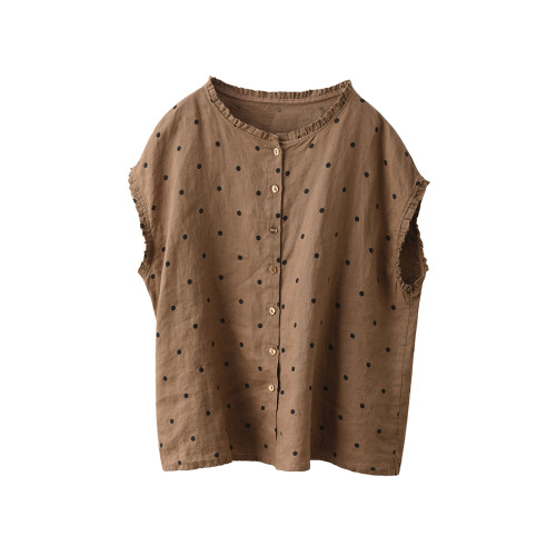 園園美衣復古色織波點100%亞麻襯衫女氣質木耳領襯衣夏季短袖上衣