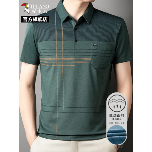啄木鳥冰絲涼感polo衫男夏季中老年短袖爸爸裝商務休閒t恤上衣服C