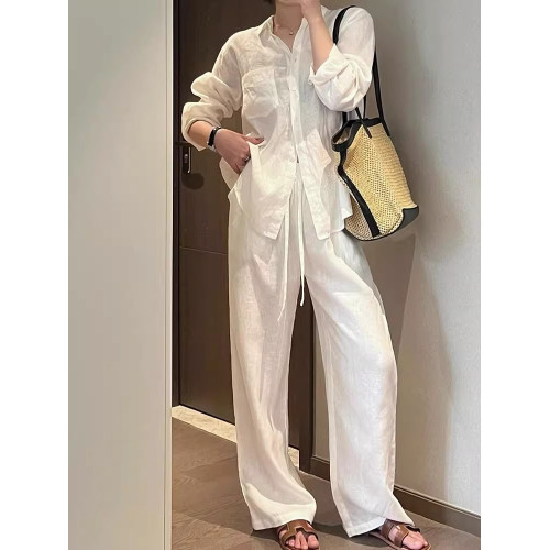 初秋老錢風白色亞麻襯衫長褲套裝女寬松顯瘦高級棉麻襯衣長袖上衣