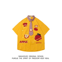 NIKAHOUSE可愛蘋果Apple刺綉領帶短袖襯衫女潮牌學院風寬松襯衣