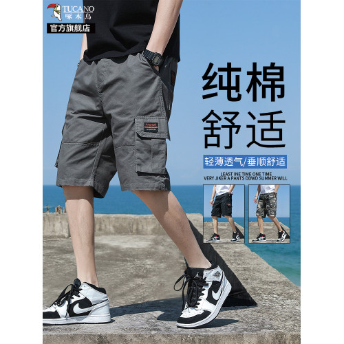 啄木鳥純棉工裝短褲男士夏季薄款2025新款寬松休閒運動五分褲子K