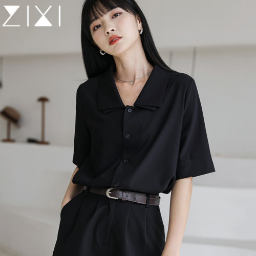 黑色短袖襯衫女xc香菜穿搭通勤法式v領復古襯衣正肩港風上衣夏黑