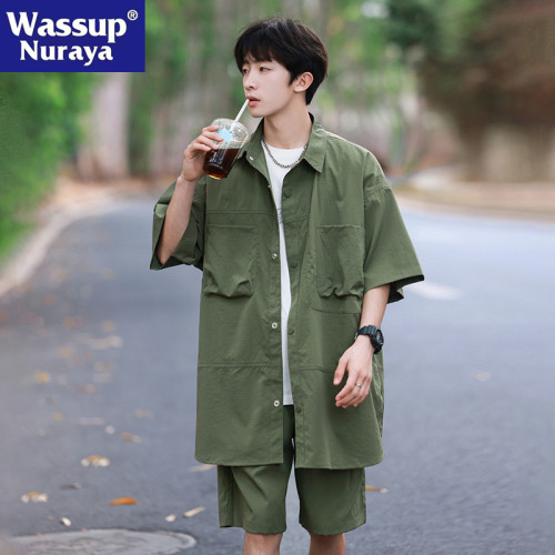 WASSUP NURAYA潮牌t恤襯衫男士夏季寬松休閒短袖套裝痞帥搭配一套 WASSUP NURAYA潮牌t恤襯衫男士夏季寬松休閒短袖套裝痞帥搭配一套