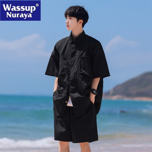 WASSUP NURAYA潮牌t恤襯衫男士夏季寬松休閒短袖套裝痞帥搭配一套 WASSUP NURAYA潮牌t恤襯衫男士夏季寬松休閒短袖套裝痞帥搭配一套