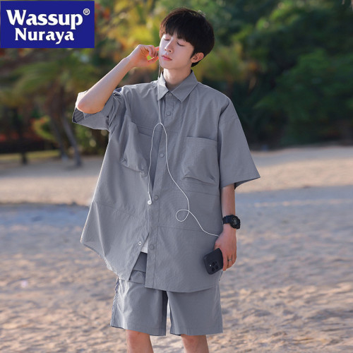 WASSUP NURAYA潮牌t恤襯衫男士夏季寬松休閒短袖套裝痞帥搭配一套 WASSUP NURAYA潮牌t恤襯衫男士夏季寬松休閒短袖套裝痞帥搭配一套