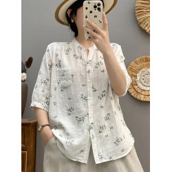 夏季雙層棉紗碎花襯衫減齡大碼中袖襯衣時尚減齡休閒上衣女裝6541