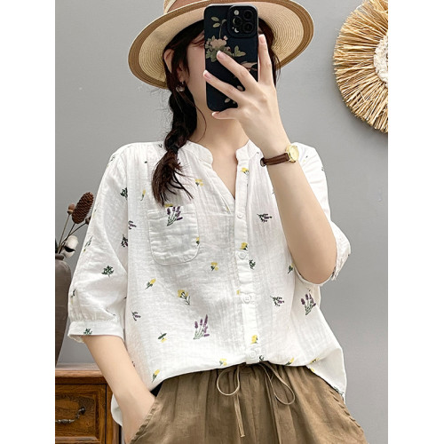 夏季雙層棉紗碎花襯衫減齡大碼中袖襯衣時尚減齡休閒上衣女裝6541