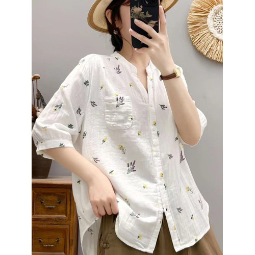夏季雙層棉紗碎花襯衫減齡大碼中袖襯衣時尚減齡休閒上衣女裝6541