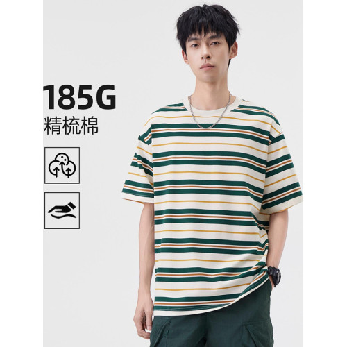 美式復古條紋短袖t恤男夏季潮牌日系復古風寬松圓領薄款半袖上衣