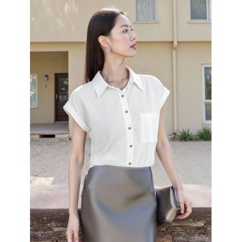 Basic House/百家好POLO領白色短袖襯衫女夏季慵懶松弛感通勤上衣