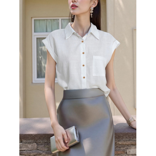 Basic House/百家好POLO領白色短袖襯衫女夏季慵懶松弛感通勤上衣