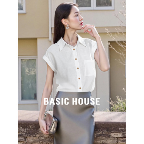 Basic House/百家好POLO領白色短袖襯衫女夏季慵懶松弛感通勤上衣