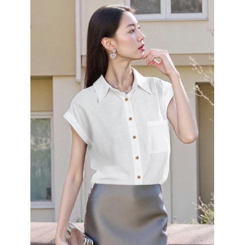 Basic House/百家好POLO領白色短袖襯衫女夏季慵懶松弛感通勤上衣