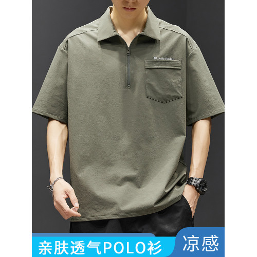 啄木鳥冰絲Polo衫短袖男士夏季薄款寬松休閒翻領半拉鍊工裝t恤衫K