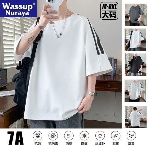 WASSUP NURAYA短袖男t恤2025新款港風大碼青少年兩條杠圓領五分袖